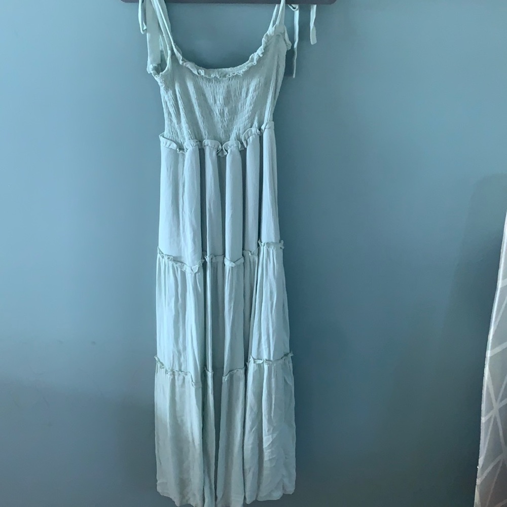 Sage Flowy Maxi Dress, Tiered Ruffle Dress, size Medium.